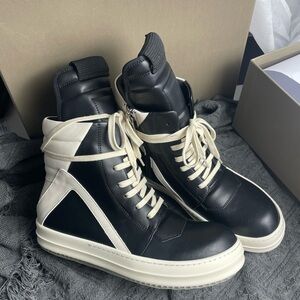 Rick Owens Black and Cream High-Top Sneakers